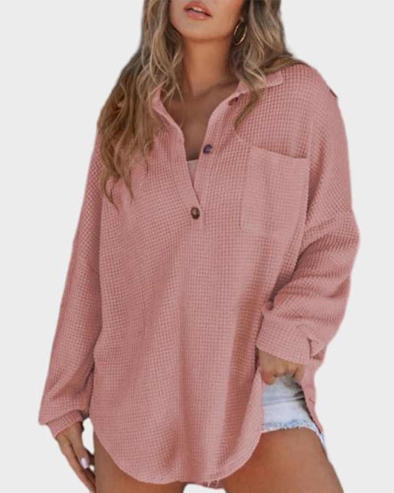 Relaxed Fit Long Sleeve Waffle Knit Button-Up Shirt