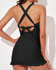 Deep V Cross-Back Ruched One-Piece Swimsuit