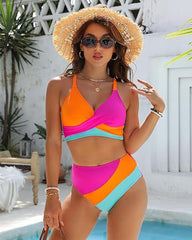 Color-Block Crisscross Laced Back Bikini Set