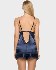 Lace Trim Silk Open-Back Camisole and Shorts Sleepwear Set