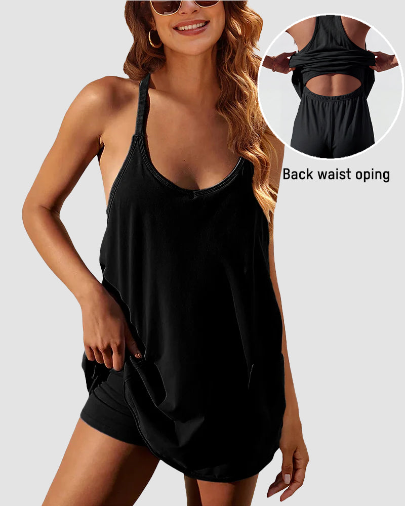 Adjustable Strap Active Mini Dress with Built-In Shorts & Pockets
