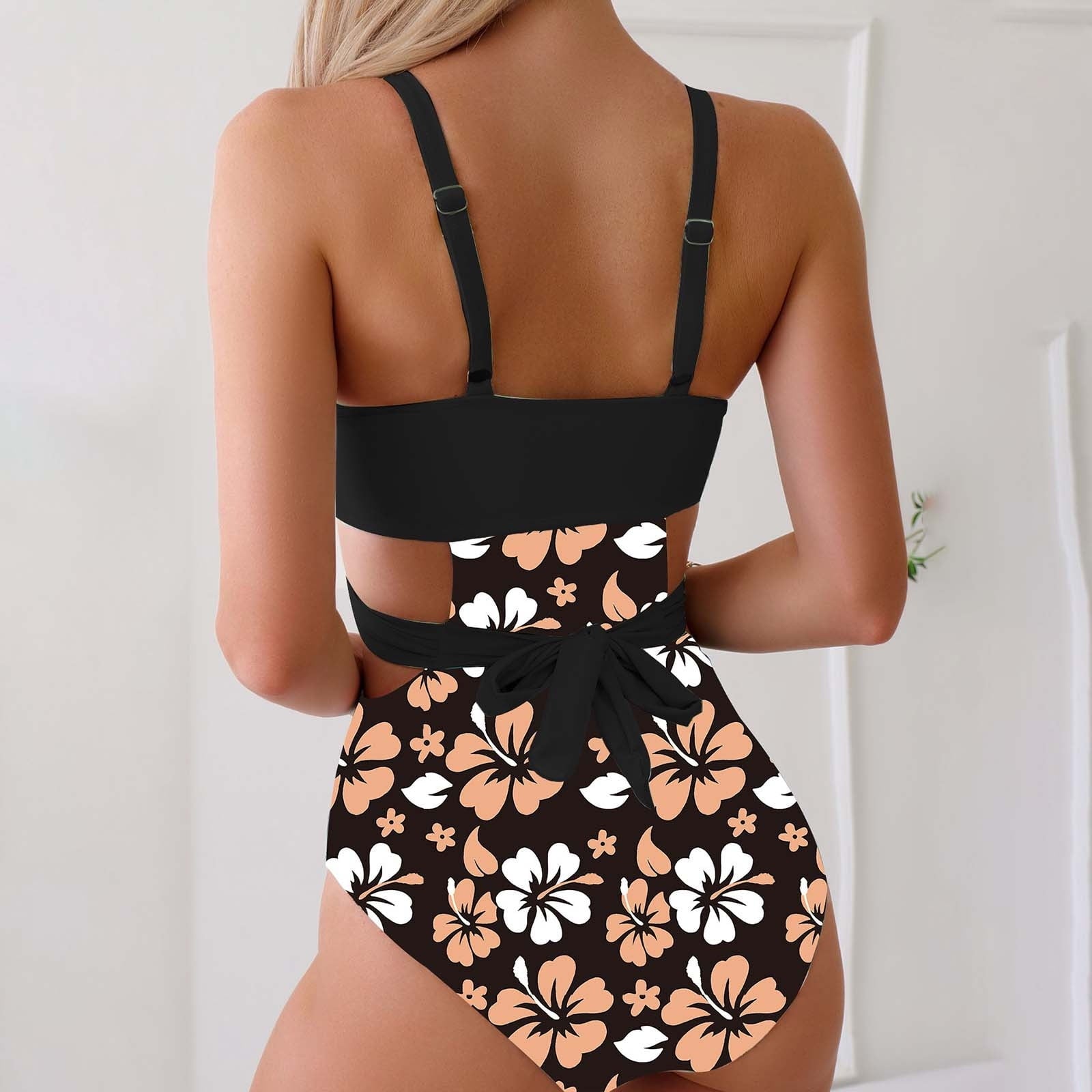 SheCurve® Women's Tropical Print Criss Cross Cut Out Backless One-piece Swimsuit