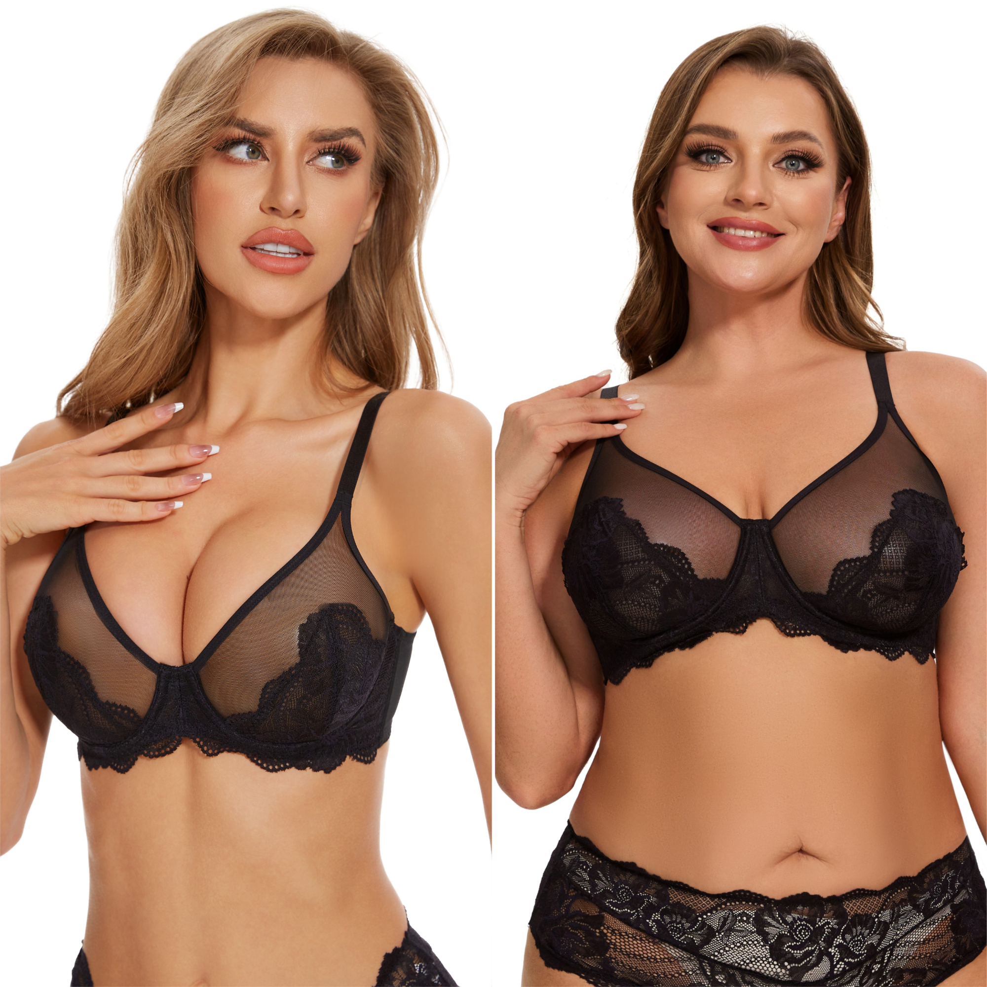 SheCurve®Full Coverage Lace Minimizer Bra - Mermaid Black+Pink (2 PACK）