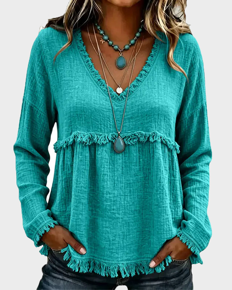 Boho Fringe V-Neck Long-Sleeve Babydoll Blouse