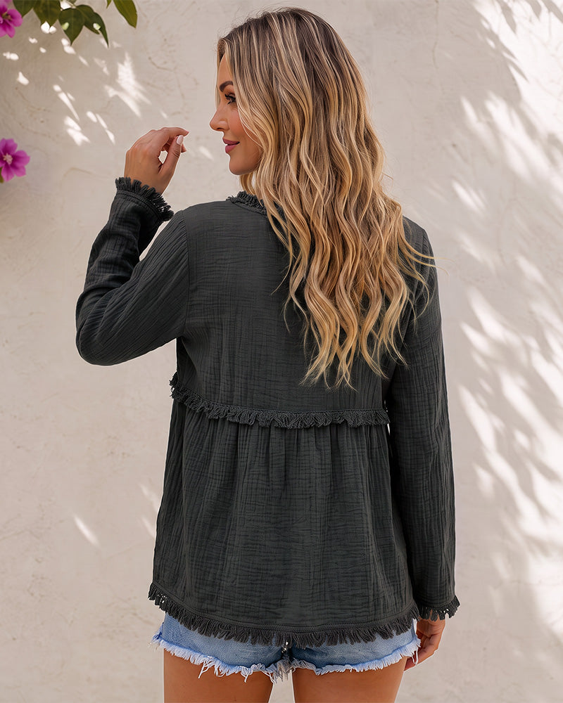 Boho Fringe V-Neck Long-Sleeve Babydoll Blouse