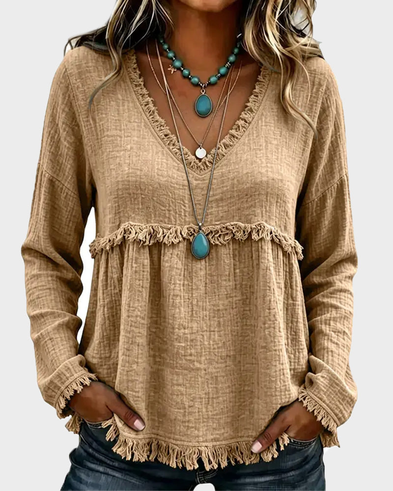 Boho Fringe V-Neck Long-Sleeve Babydoll Blouse
