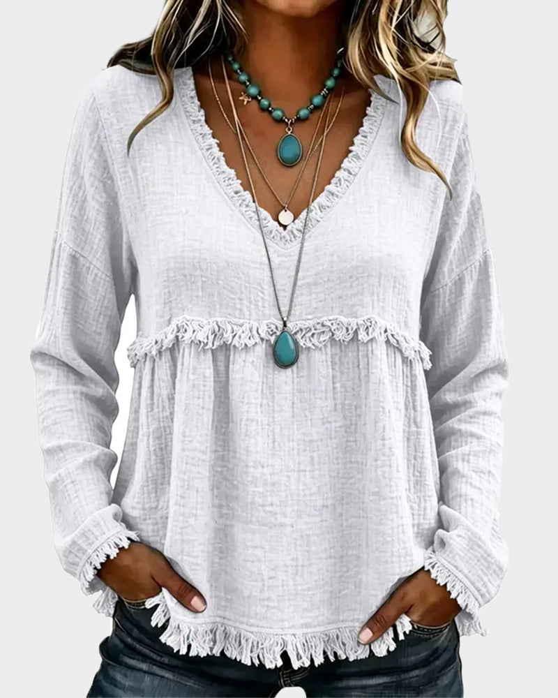 Boho Fringe V-Neck Long-Sleeve Babydoll Blouse