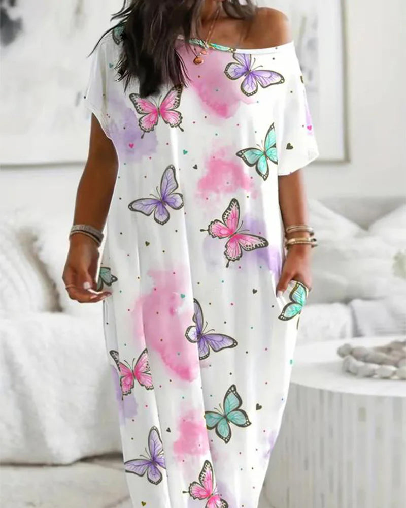Casual Printed Short Sleeve Pocket Maxi Dress