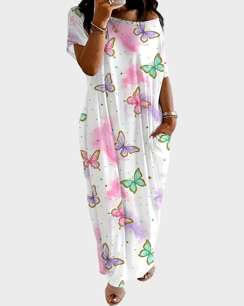 Casual Printed Short Sleeve Pocket Maxi Dress