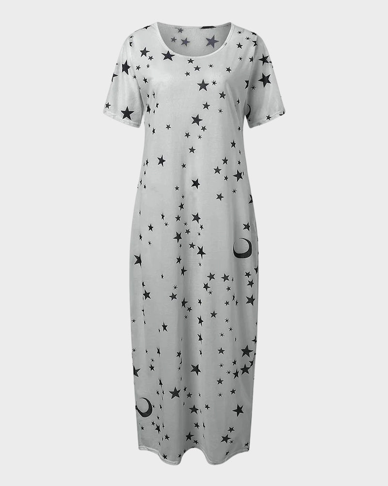 Casual Printed Short Sleeve Pocket Maxi Dress