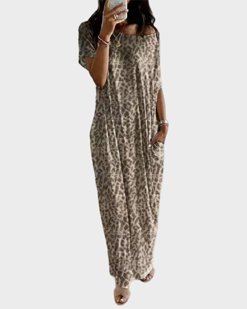 Casual Printed Short Sleeve Pocket Maxi Dress