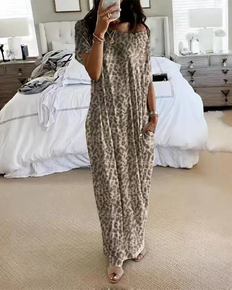 Casual Printed Short Sleeve Pocket Maxi Dress