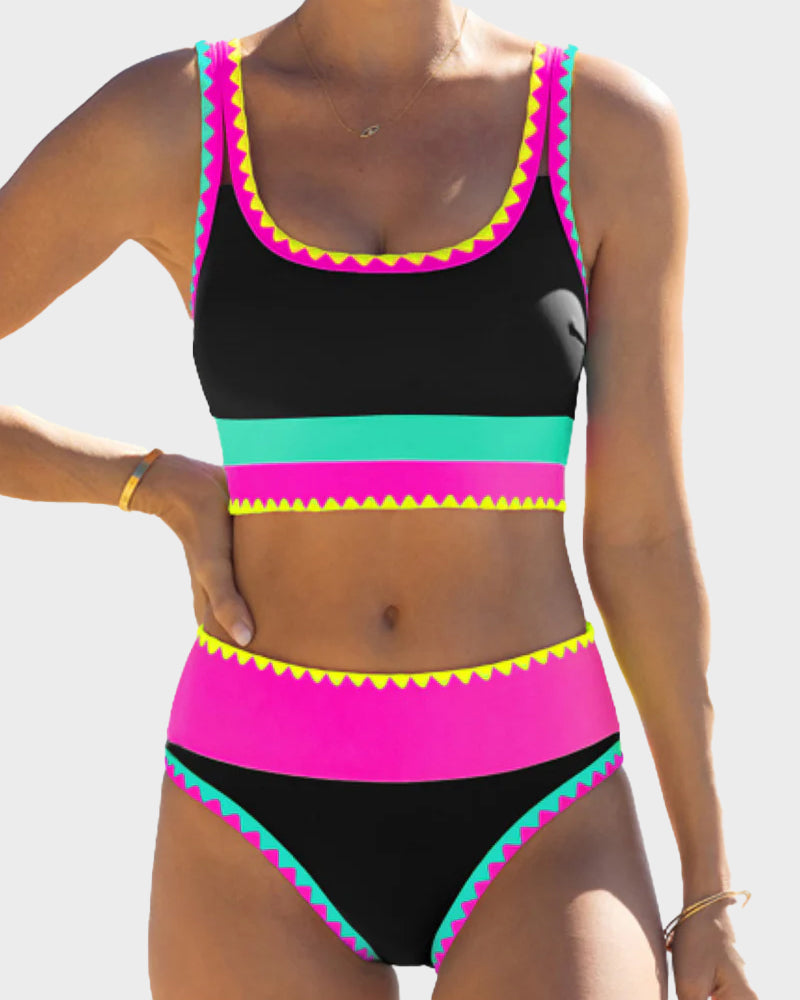 Color Contrast Patchwork Nylon Sporty 3 Piece Bikini Sets