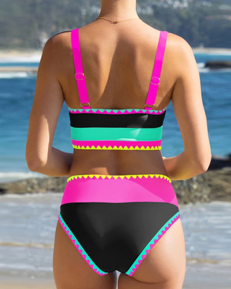 Color Contrast Patchwork Nylon Sporty 3 Piece Bikini Sets