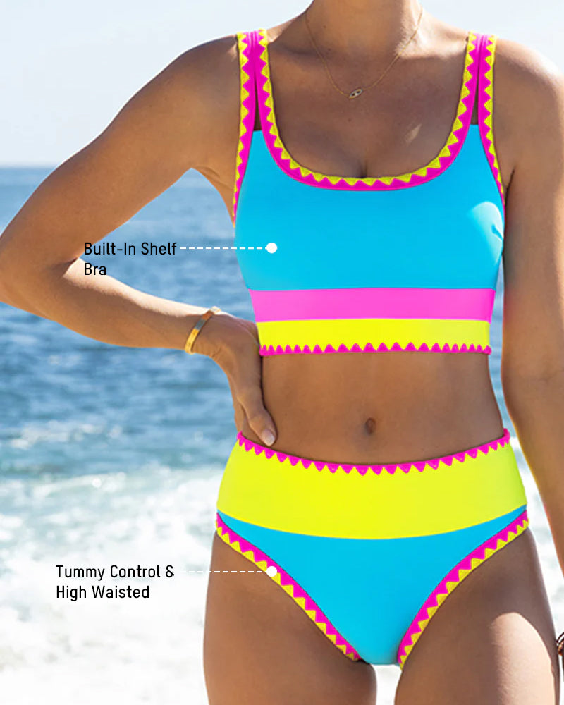 Color Contrast Patchwork Nylon Sporty 3 Piece Bikini Sets