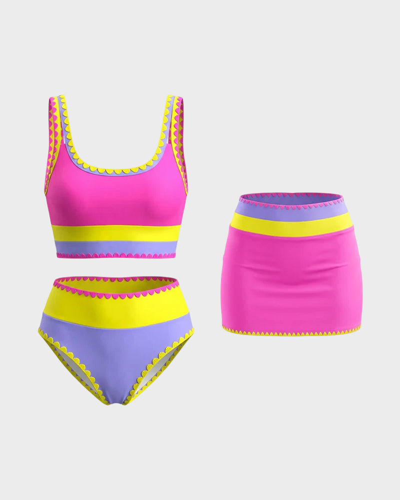 Color Contrast Patchwork Nylon Sporty 3 Piece Bikini Sets