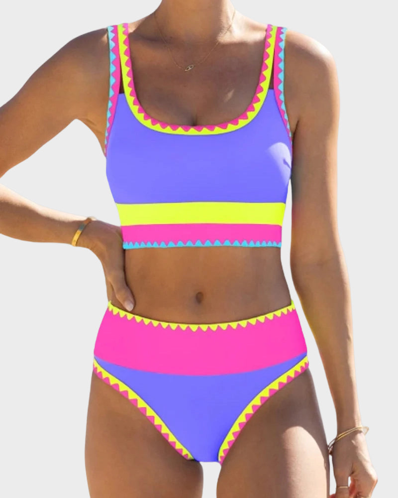 Color Contrast Patchwork Nylon Sporty 3 Piece Bikini Sets