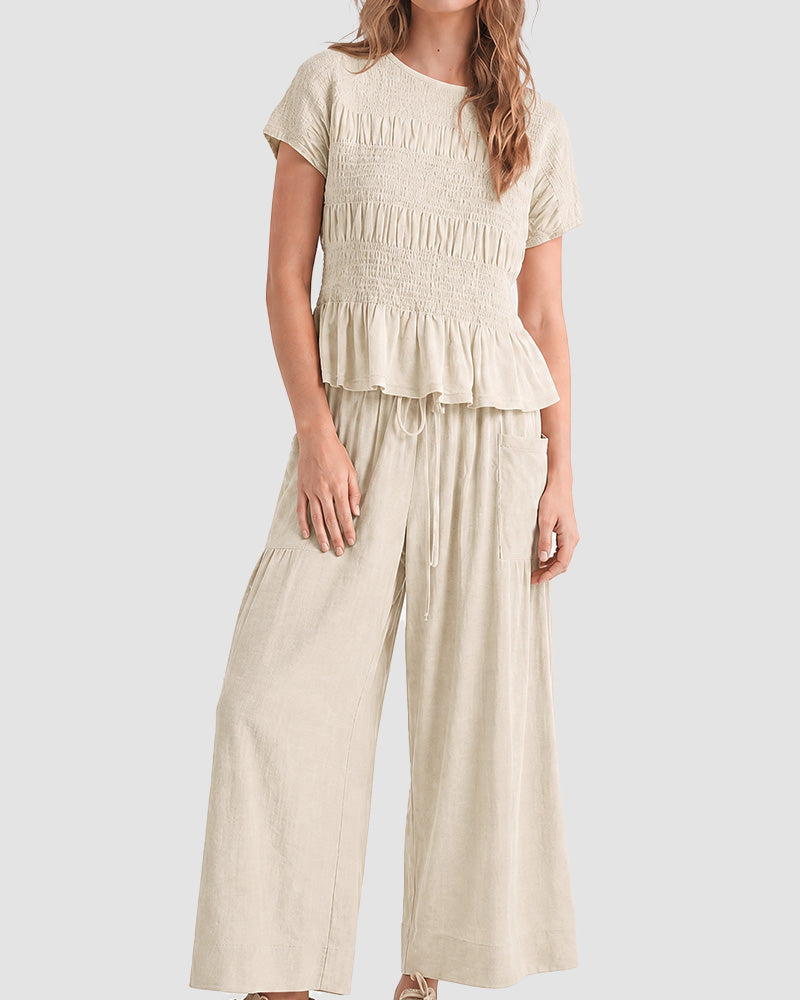 Cotton Smocked Top & Wide-Leg Pants Set with Pockets