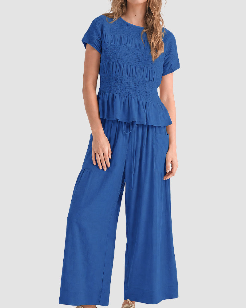Cotton Smocked Top & Wide-Leg Pants Set with Pockets