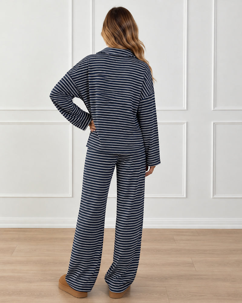 Drop Shoulder Striped Collared Long Sleeve Set