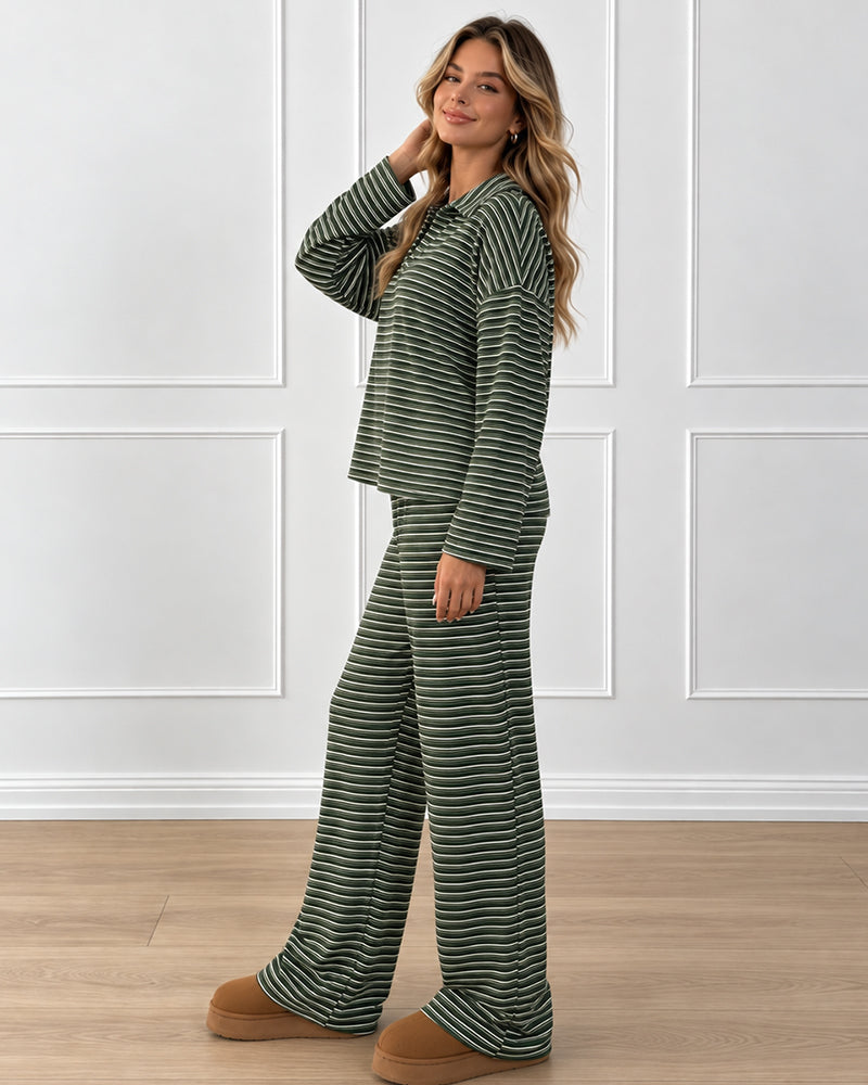 Drop Shoulder Striped Collared Long Sleeve Set