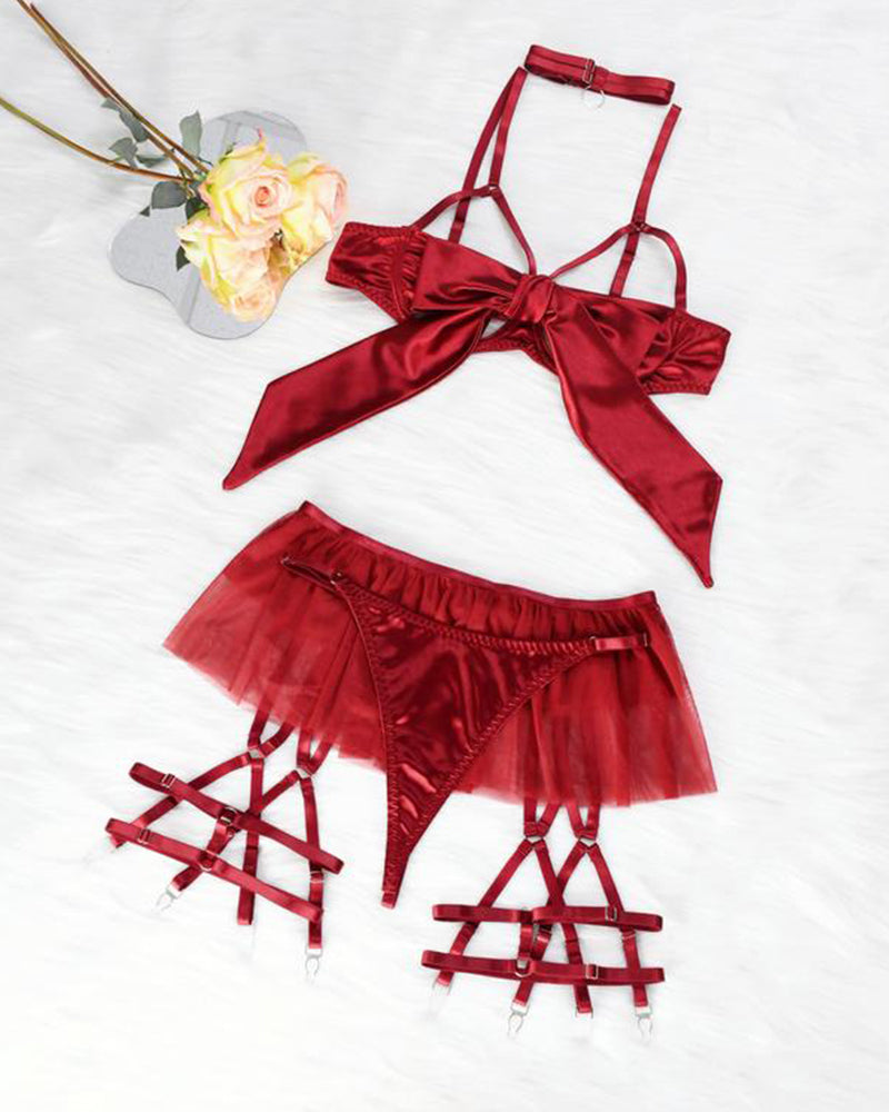 Festive Silk Bow Cut-Out Sexy Lingerie Set
