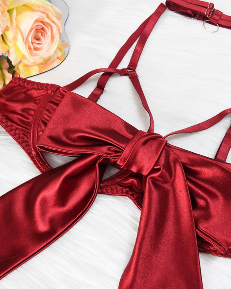 Festive Silk Bow Cut-Out Sexy Lingerie Set