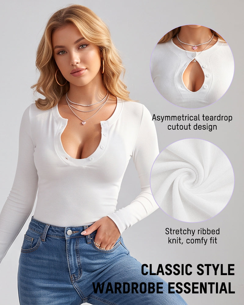 Fitted Ribbed Cutout Button-Detail Long-Sleeve Top