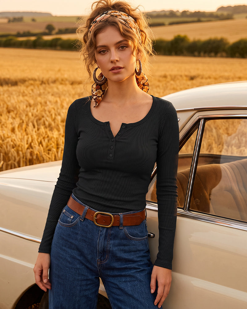 Fitted Ribbed Knit Long-Sleeve Henley Top