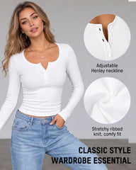 Fitted Ribbed Knit Long-Sleeve Henley Top