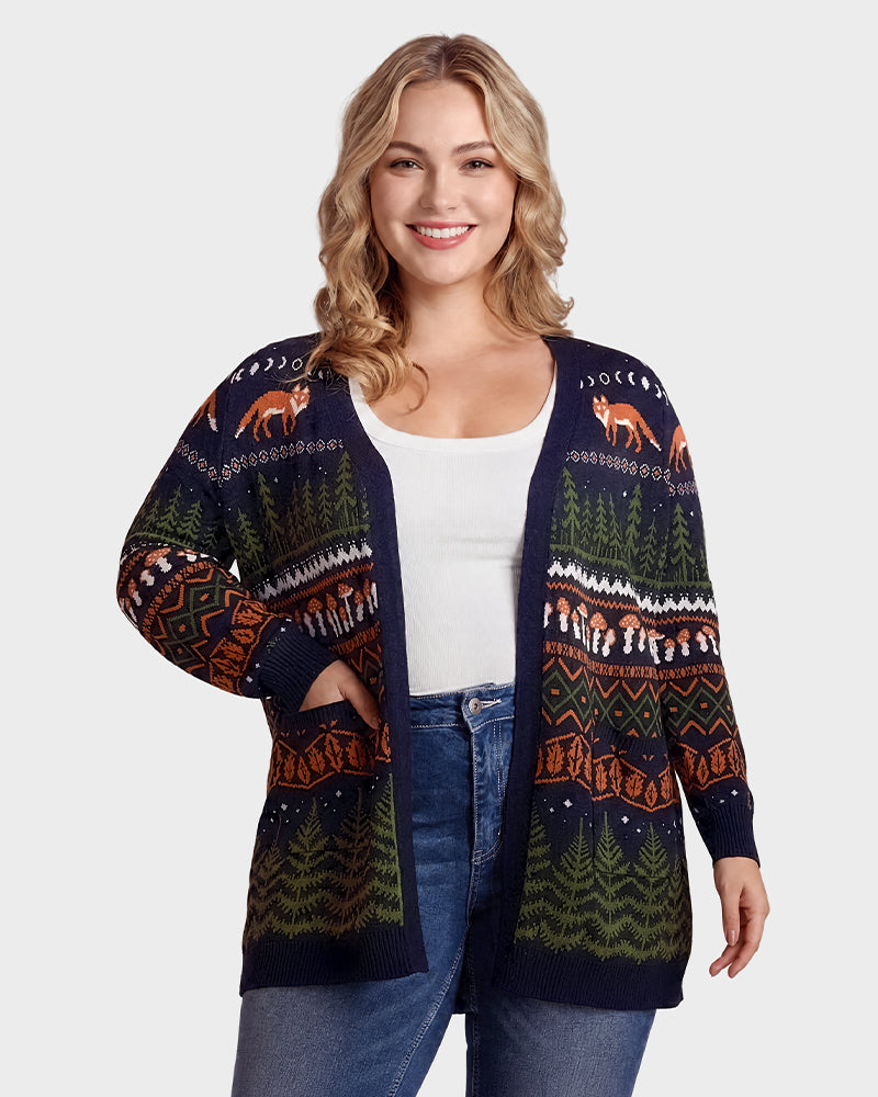 Fox Fair Isle Open-Front Knit Cardigan