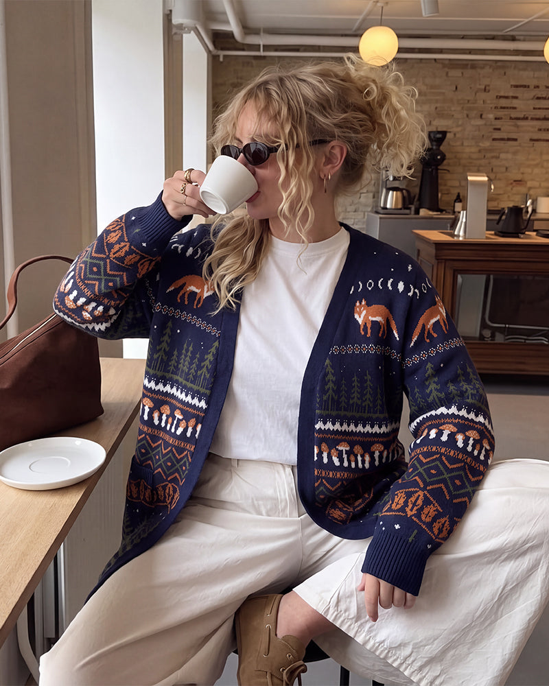 Fox Fair Isle Open-Front Knit Cardigan