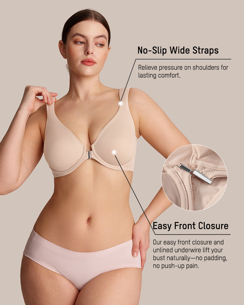 Front Closure Underwire Unlined Back Support Plunge Bra
