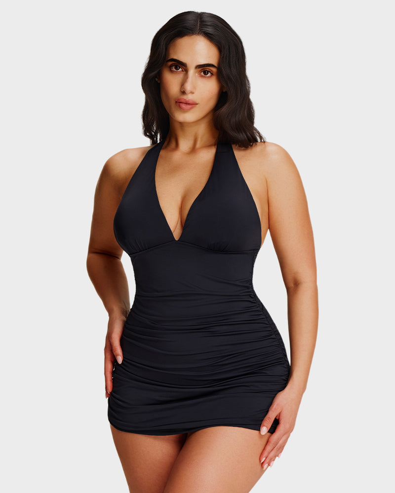Halter V-Neck Tummy Control Swim Dress – 2-Piece Set