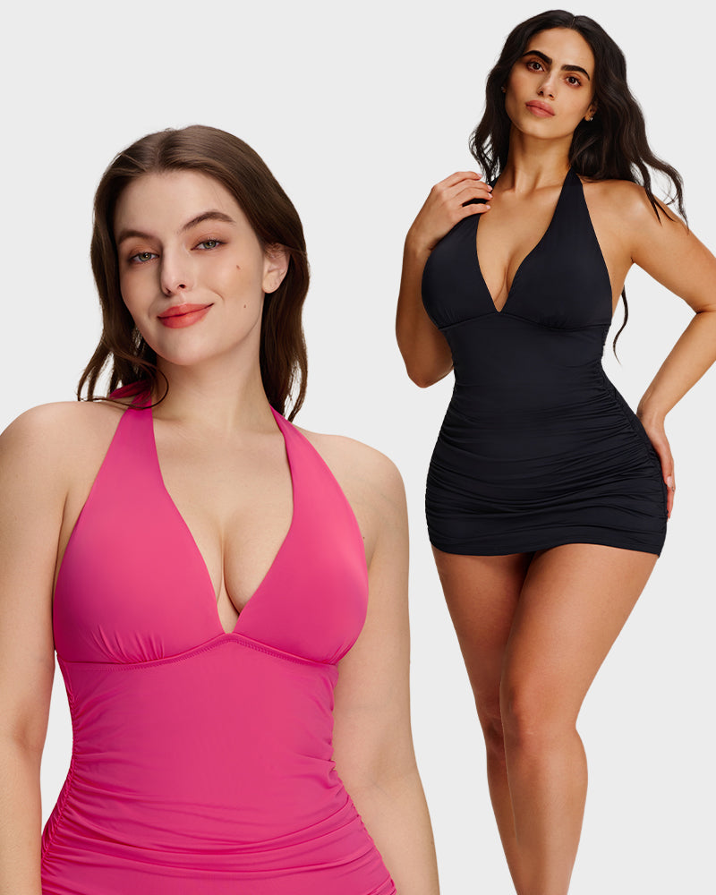 Halter V-Neck Tummy Control Swim Dress – 2-Piece Set