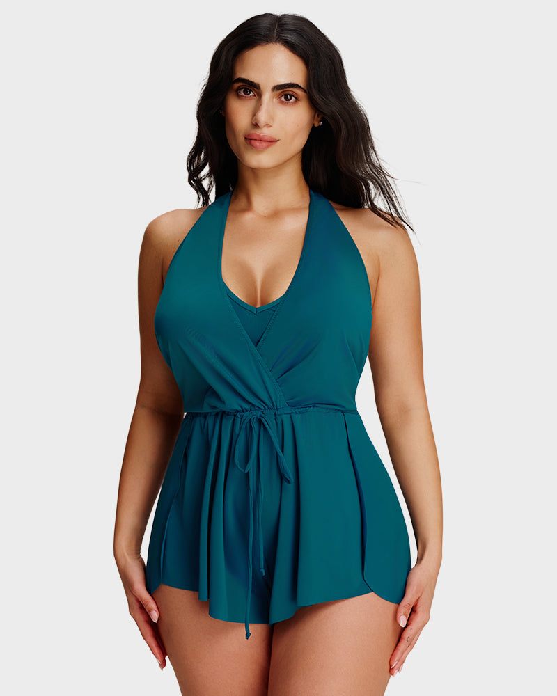Halter V-Neck Tummy Control Swim Romper Set