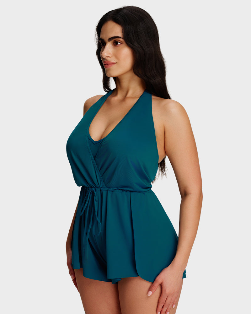 Halter V-Neck Tummy Control Swim Romper Set