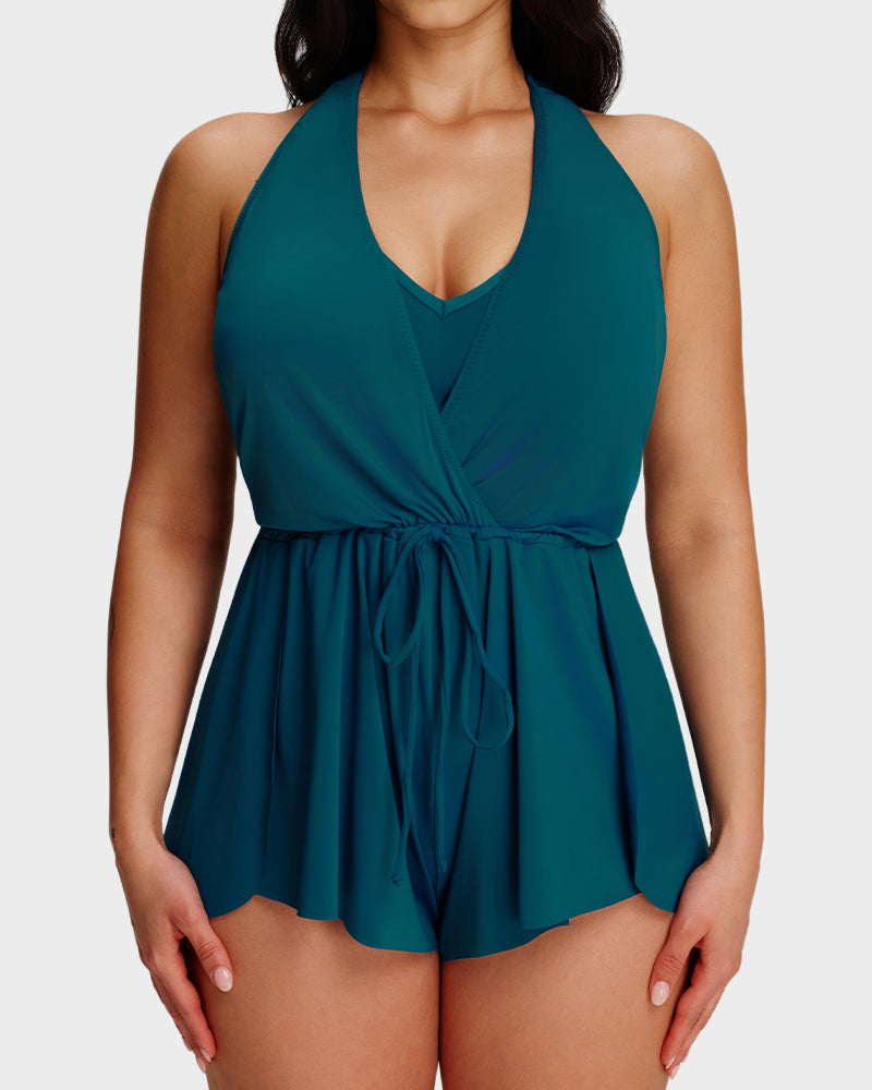 Halter V-Neck Tummy Control Swim Romper Set