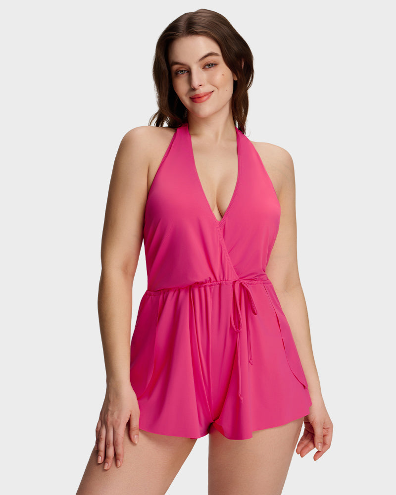 Halter V-Neck Tummy Control Swim Romper Set
