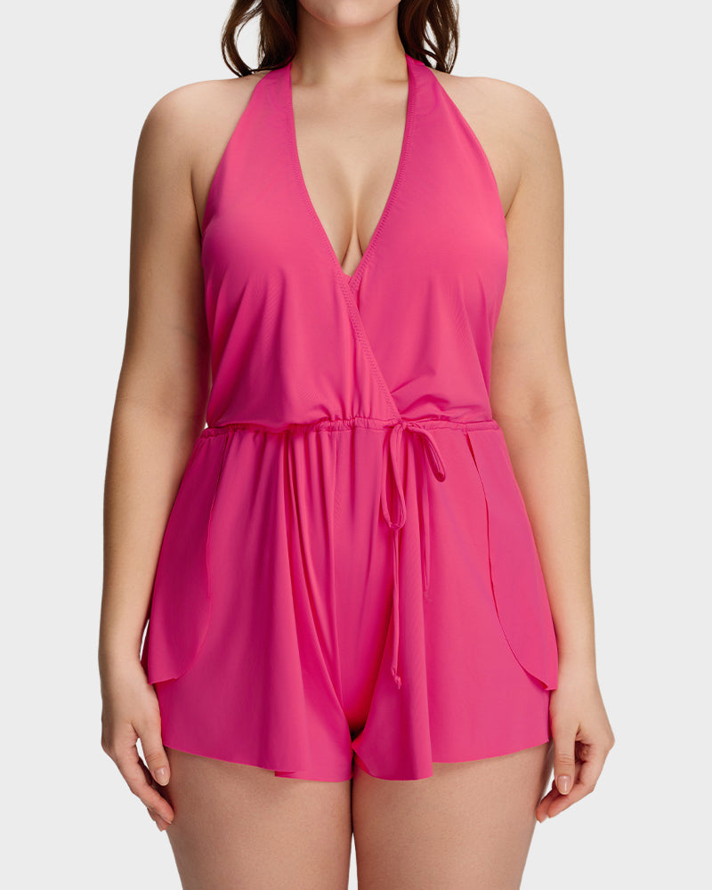 Halter V-Neck Tummy Control Swim Romper Set