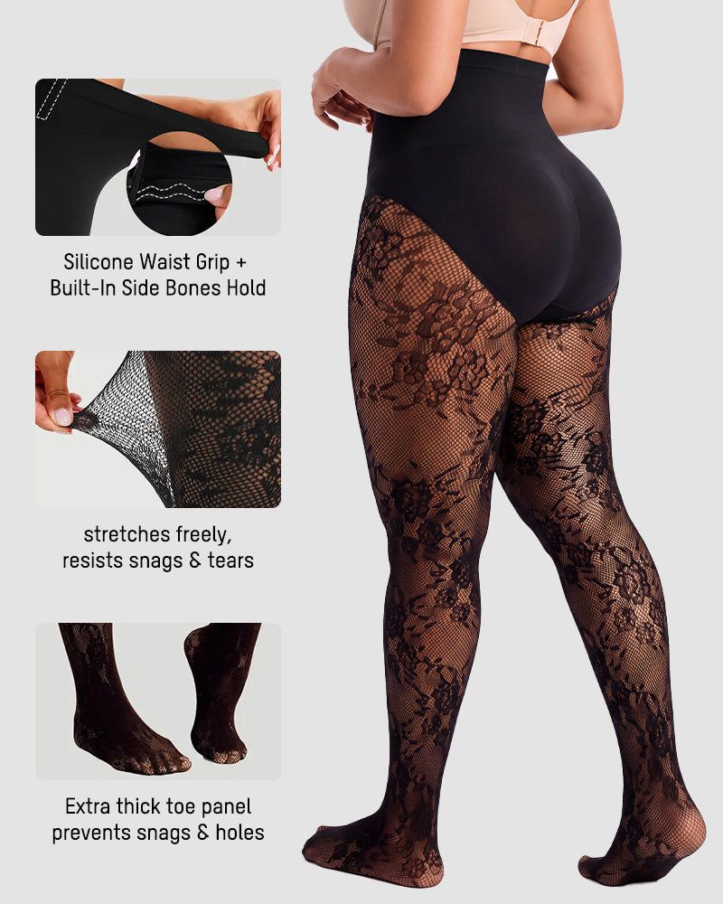 High-Waisted Floral Lace Shaping Tights
