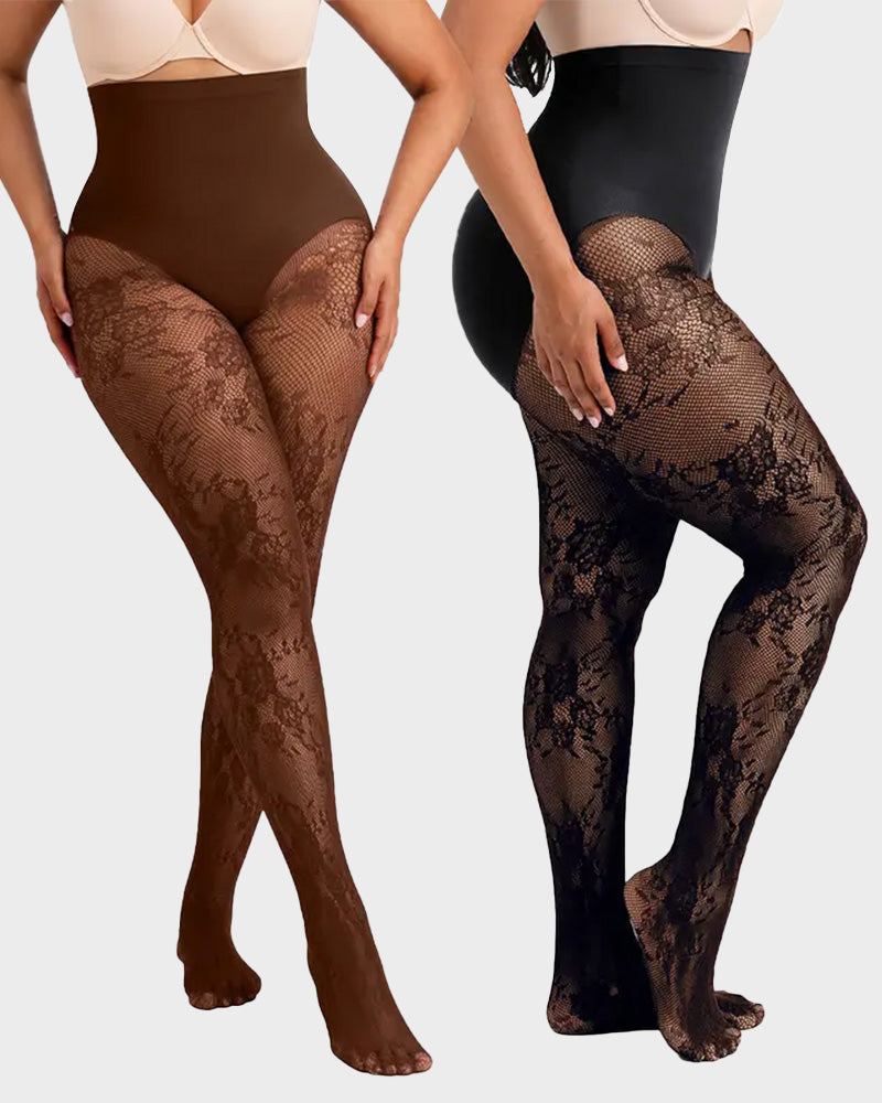 High-Waisted Floral Lace Shaping Tights