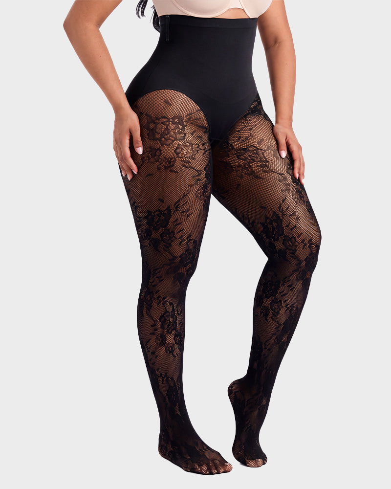 High-Waisted Floral Lace Sheer Tummy-Control Tights