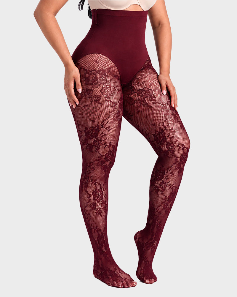 High-Waisted Floral Lace Shaping Tights