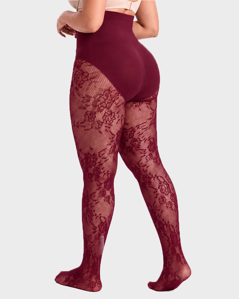 High-Waisted Floral Lace Shaping Tights