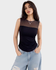 Illusion-Mesh Ruched Top with Built-In Cups