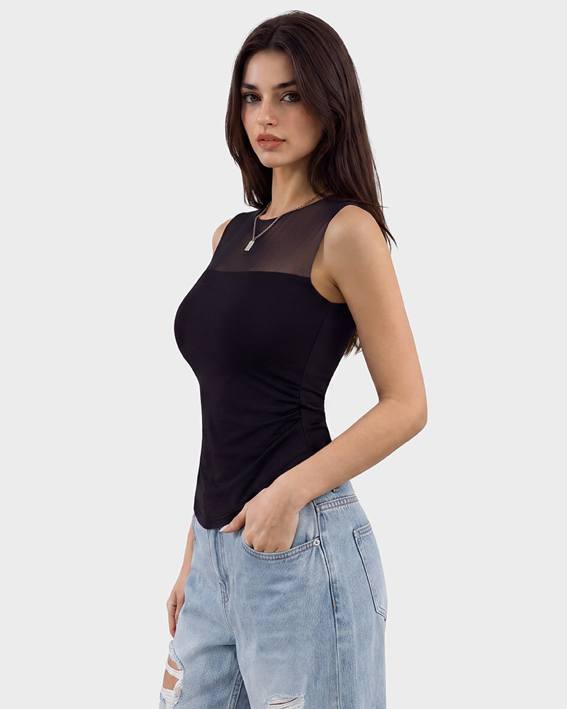 Illusion-Mesh Ruched Top with Built-In Cups