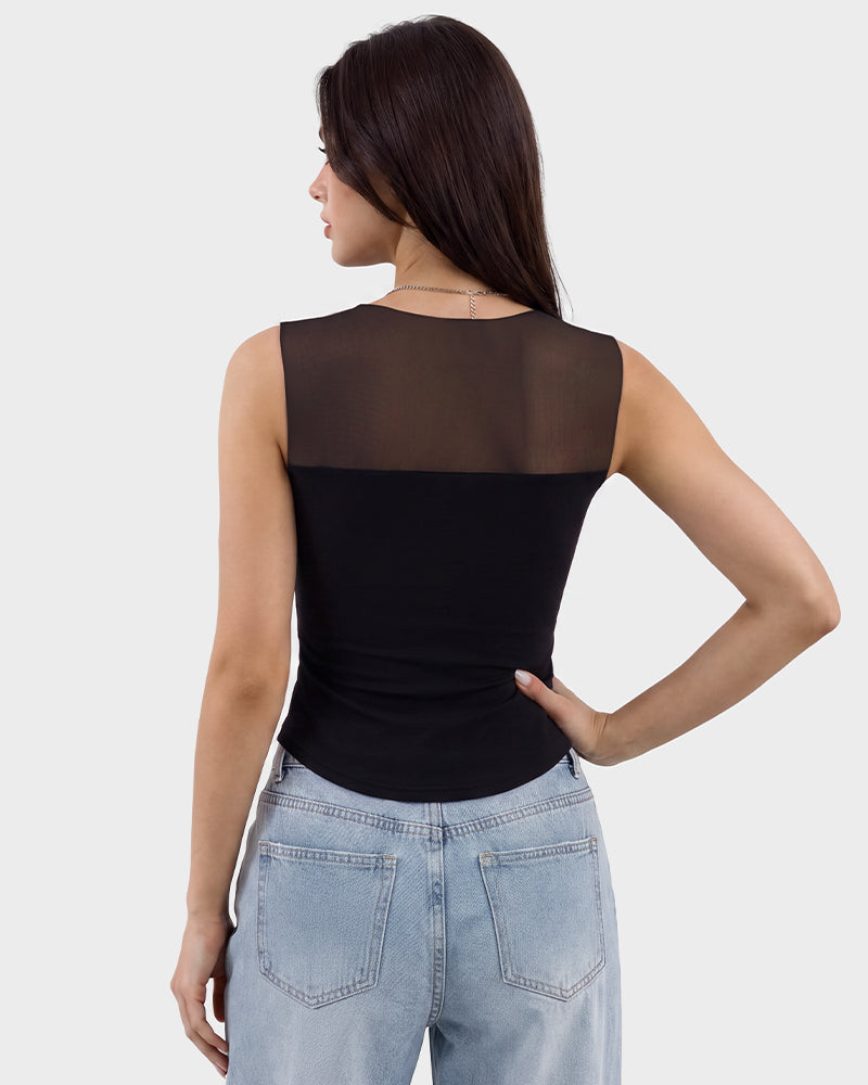 Illusion-Mesh Ruched Top with Built-In Cups