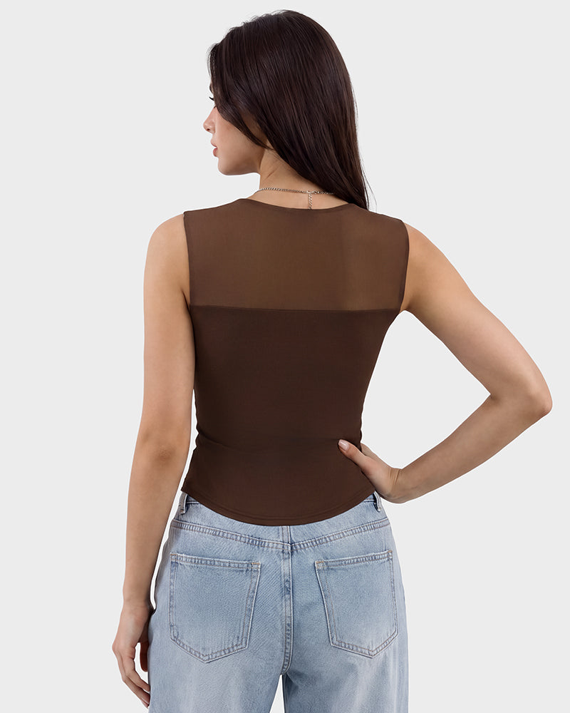 Illusion-Mesh Ruched Top with Built-In Cups