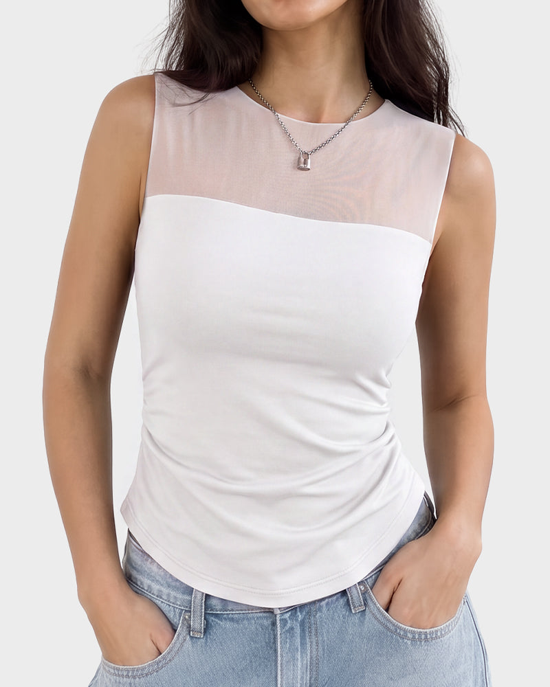 Illusion-Mesh Ruched Top with Built-In Cups